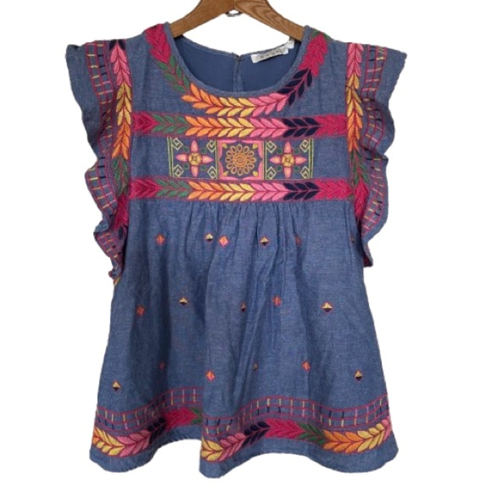 Ark NC Women’s Embroidered Top Size L Ruffle Sleeve Cotton Linen Boho Festival